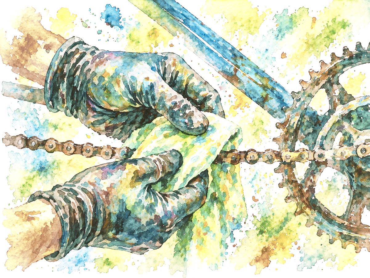 Watercolour illustration of cleaning a bicycle chain and drivetrain by hand.