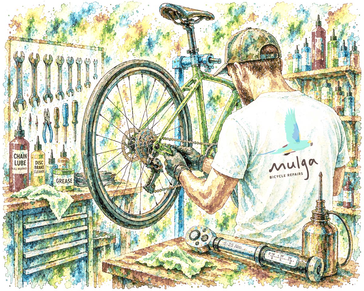 Watercolour illustration of a bicycle mechanic working on a bike in a workshop with Mulga Bicycle Repairs logo.