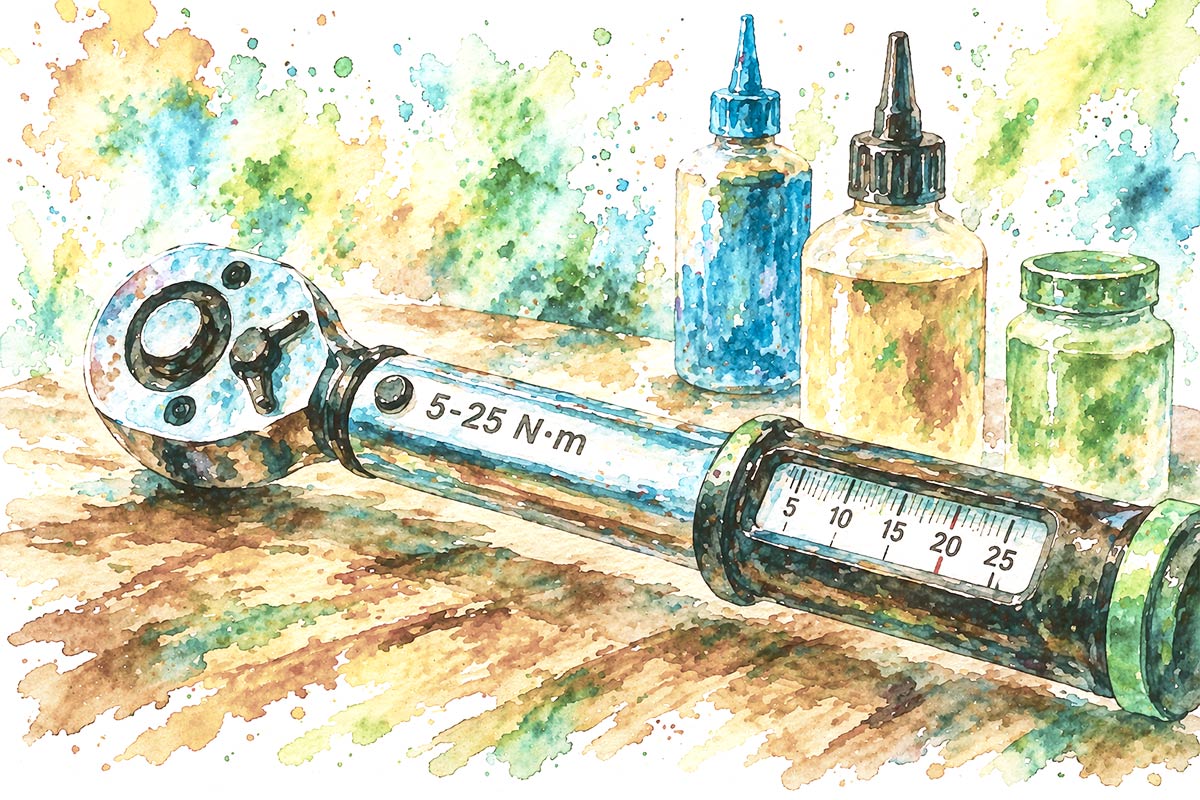 Watercolour illustration of a bicycle torque wrench