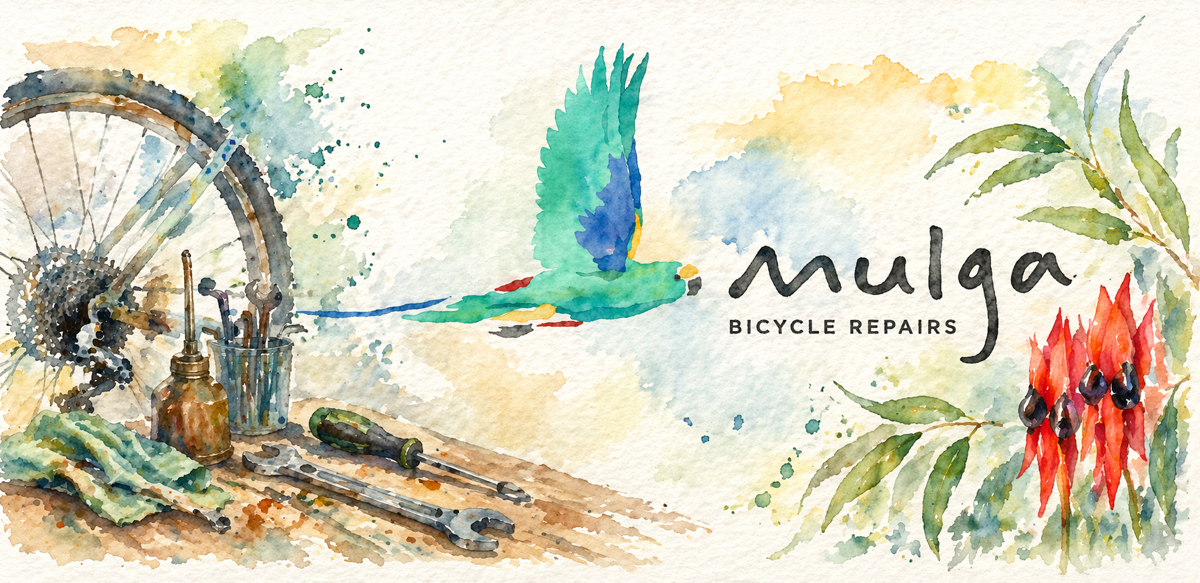 Watercolour illustration of bicycle repair tools and a rear wheel with the Mulga Bicycle Repairs logo and Australian native elements, including a Sturt Desert Pea flower and eucalypt leaves.